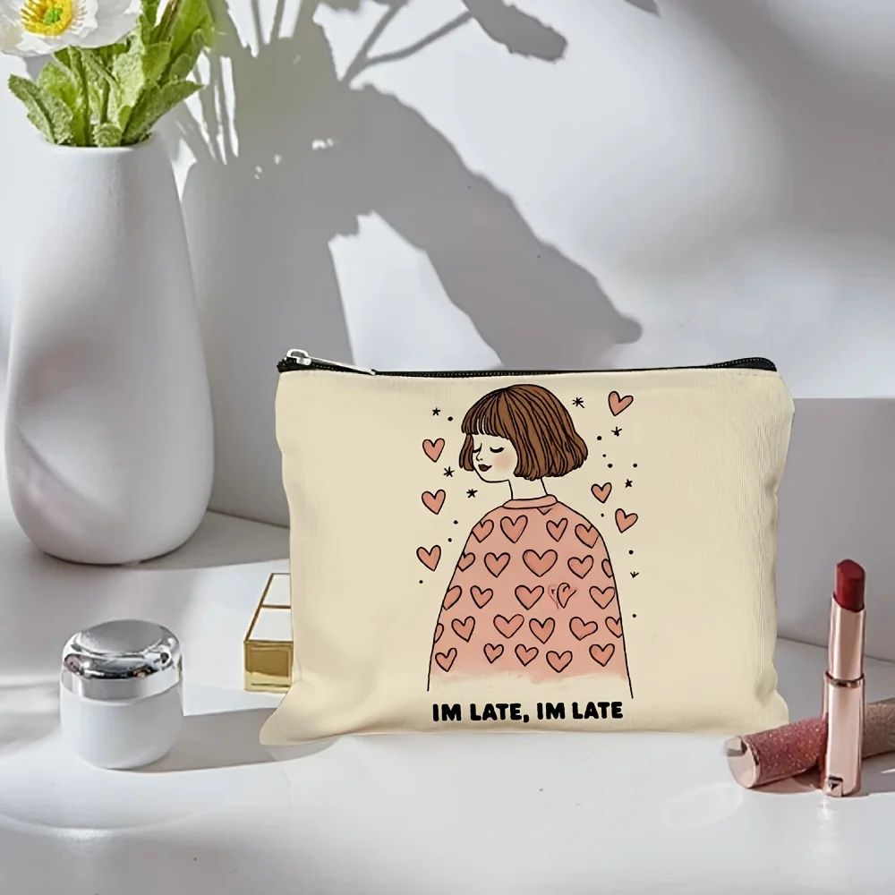 하트 모양 패턴과 'I'M LATE' 텍스트 디자인 메이크업 가방 - 다기능 지퍼 파우치, 보석 보관 가방, 완벽한 여행용