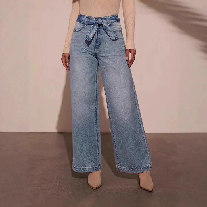 Wide Leg Jeans Women Straight Pants Lace Up Stretch High Waist Washed Distressed 2025 Streetwear Full Length Trousers Denims
