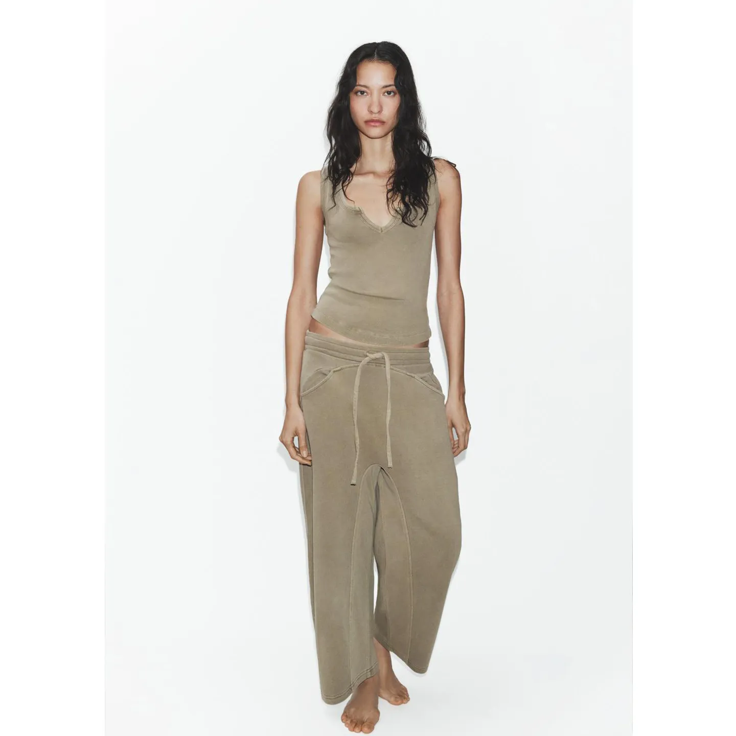 Washed Effect Sleeveless round Neck Elastic Waist Crop Top And Long Pants Women's Fashion Spring Outfit Two-Piece Set