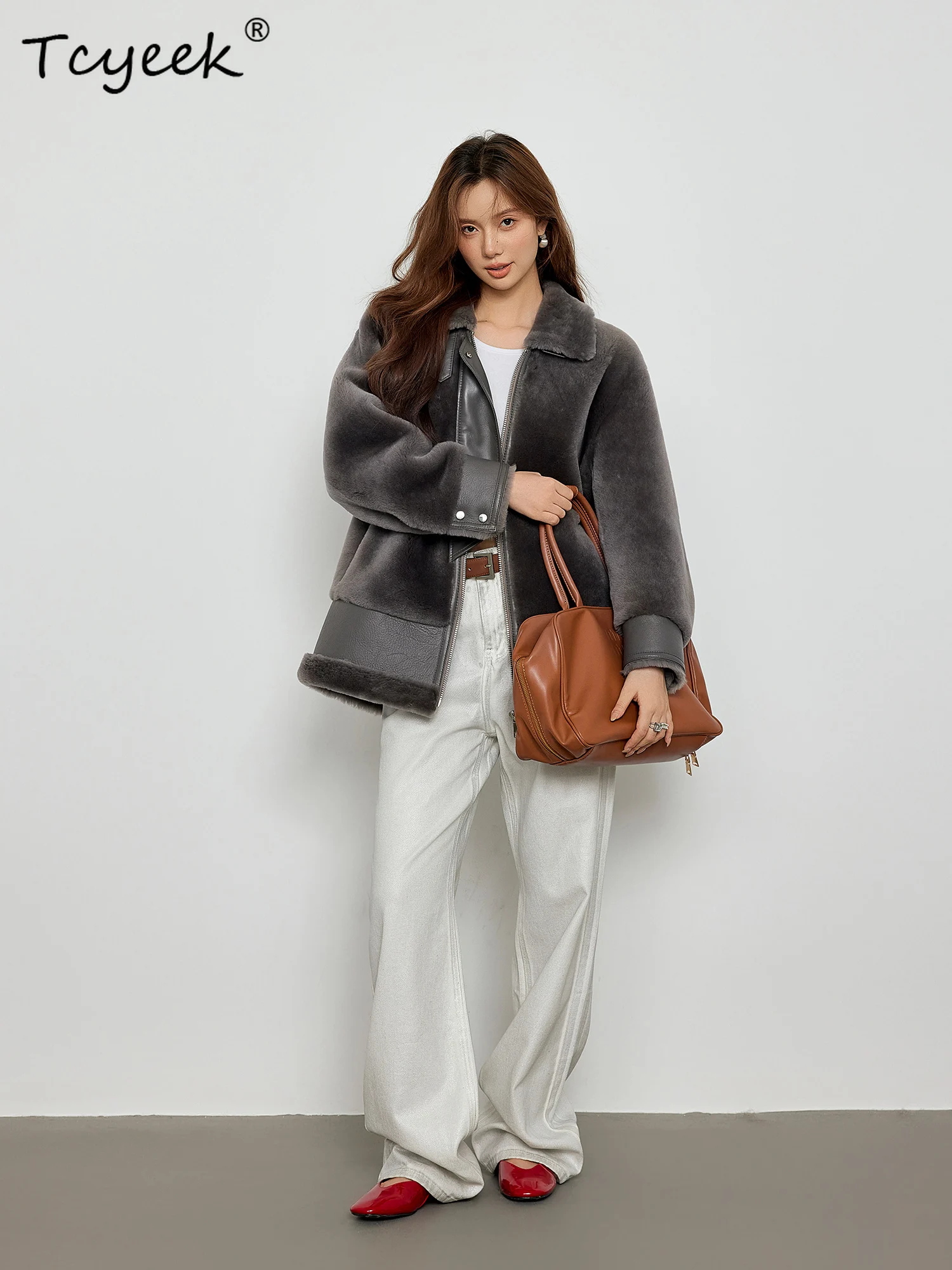 Tcyeek Genuine Wool Autumn Winter High End Fur Integrated Solid Color Medium Length Women's Lamb Wool Fur Coat Fourrures Femme