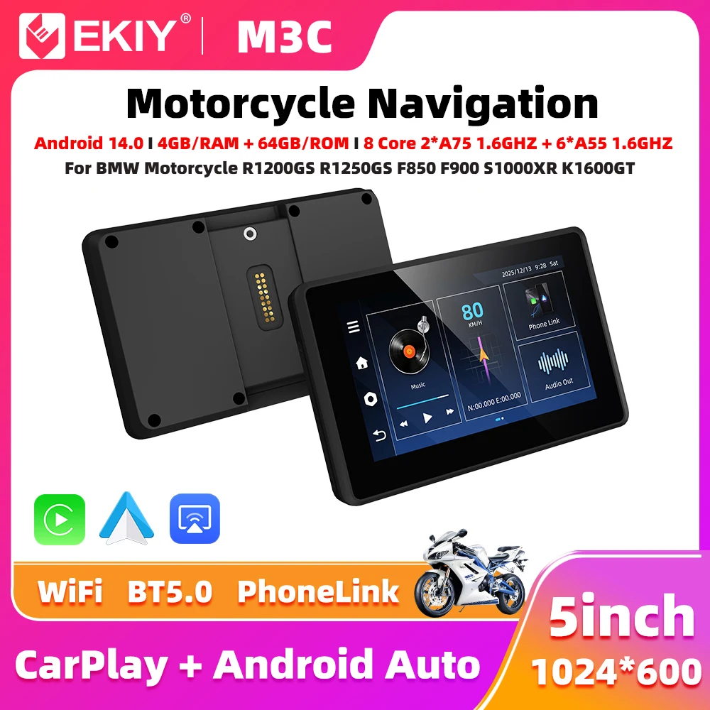 

EKIY 5-дюймовый GPS-навигатор для мотоциклов BMW R1250GS R1300GS с Android 14.0, беспроводным CarPlay и Android Auto, 4 ГБ+64 ГБ памяти