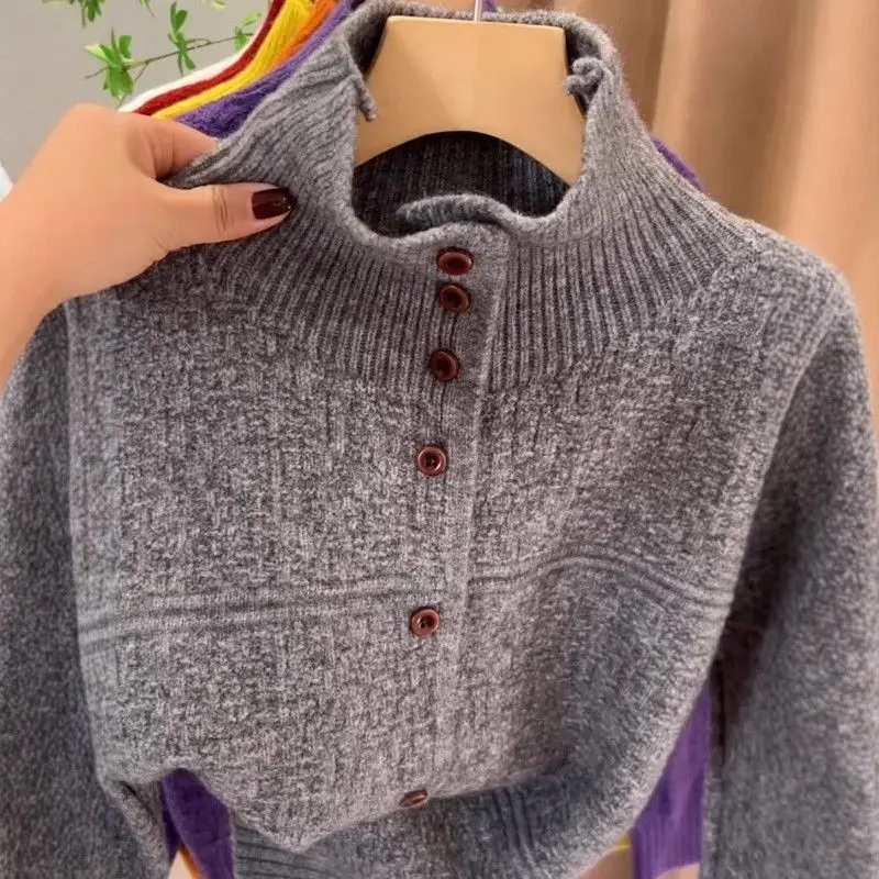Autumn And Winter Large Size Douyin Sweater High-End Temperament Thin Loose Knit Sweater Semi-Turtleneck Single-Breasted Jacket