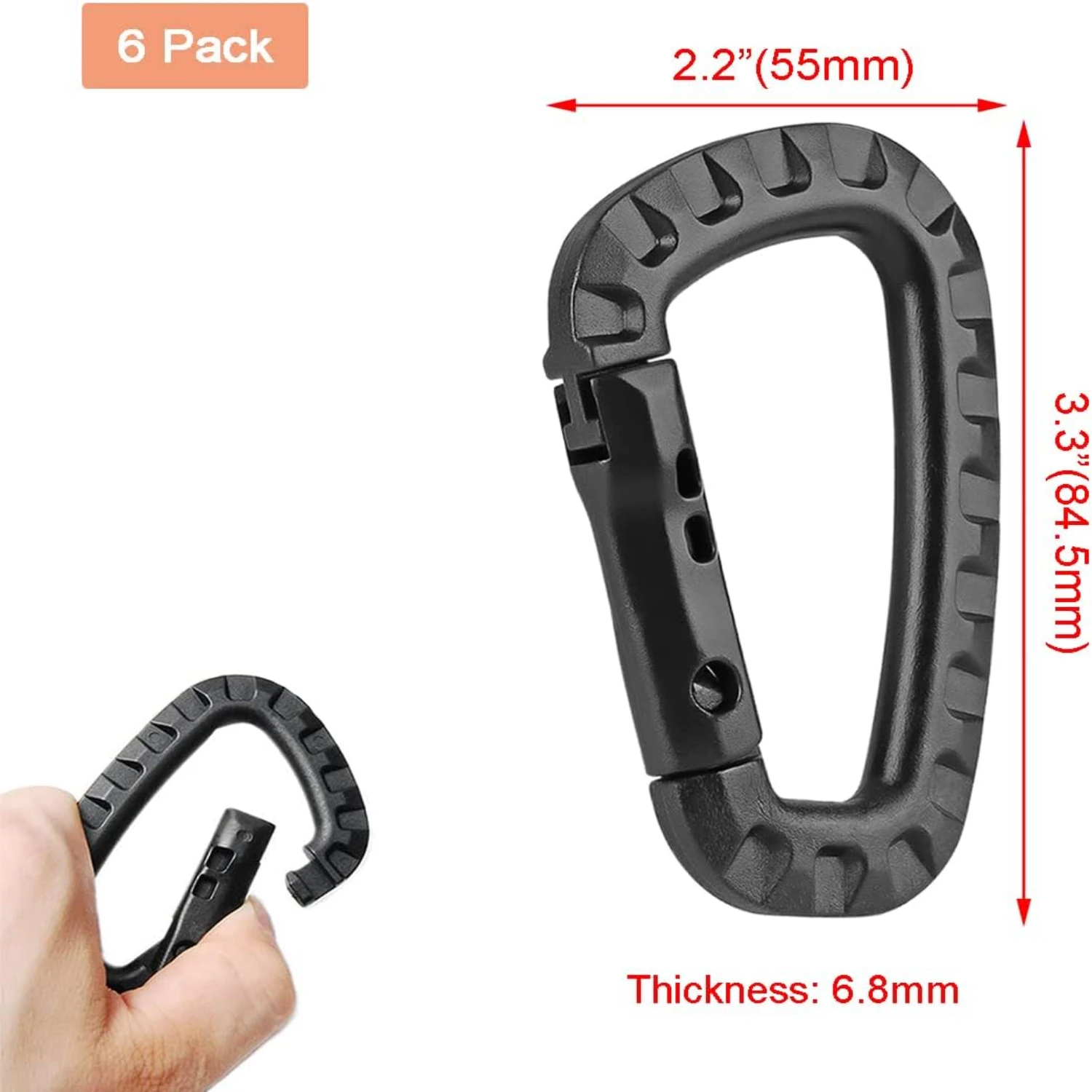 Reliable and Sturdy Set of 6 Black Plastic Carabiner Keychain Clips - Heavy Duty Spring Snap Hook for Backpack, Belt, Tent, Wate