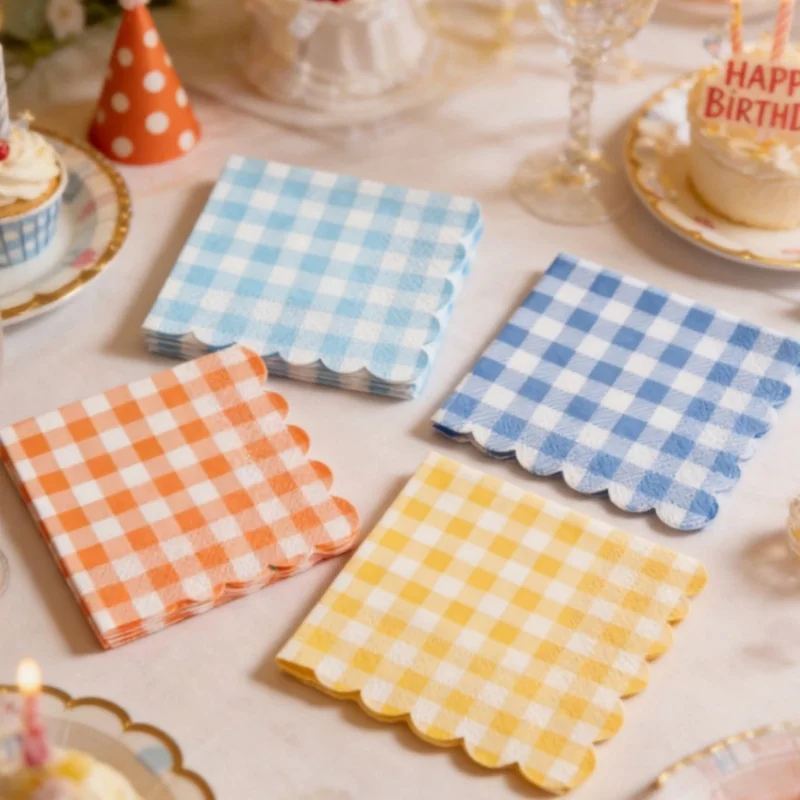20pcs/pack Plaid Paper Napkins Scalloped Edge Colorful Checkered Tissues Birthday Party Wedding Picnic Lunch Dinner Table Decor