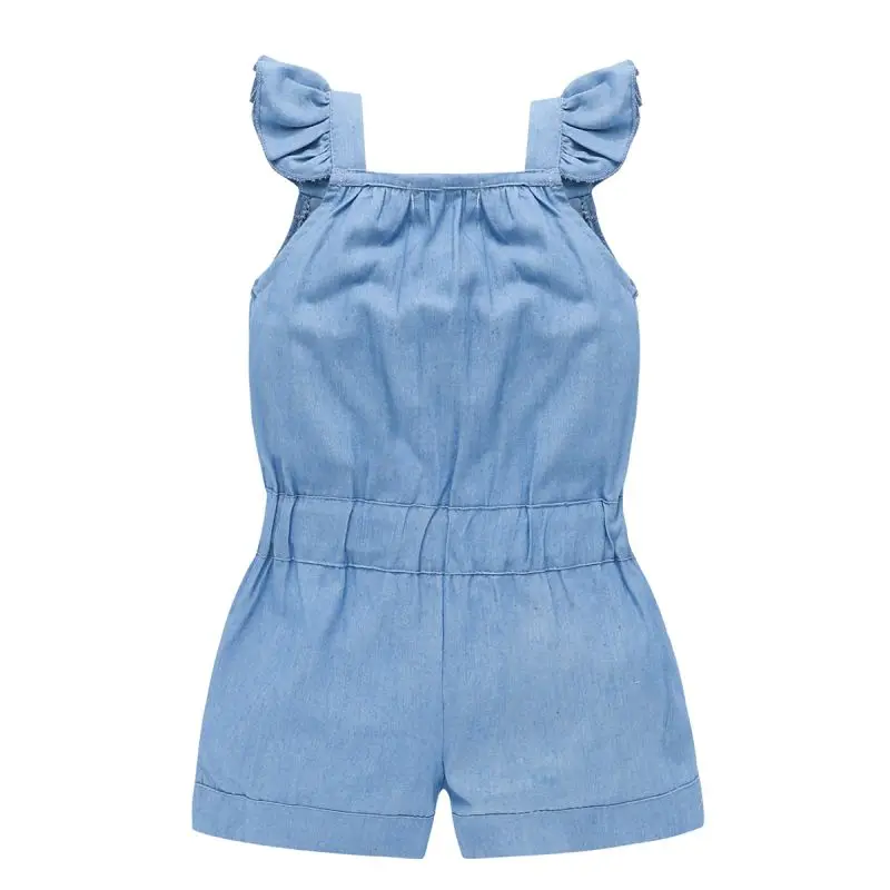 Summer Girls' Clothes Children's Bow Denim Sleeveless One-Piece Princess Ruffle Sleeve Romper Jumpsuit Kids Clothing