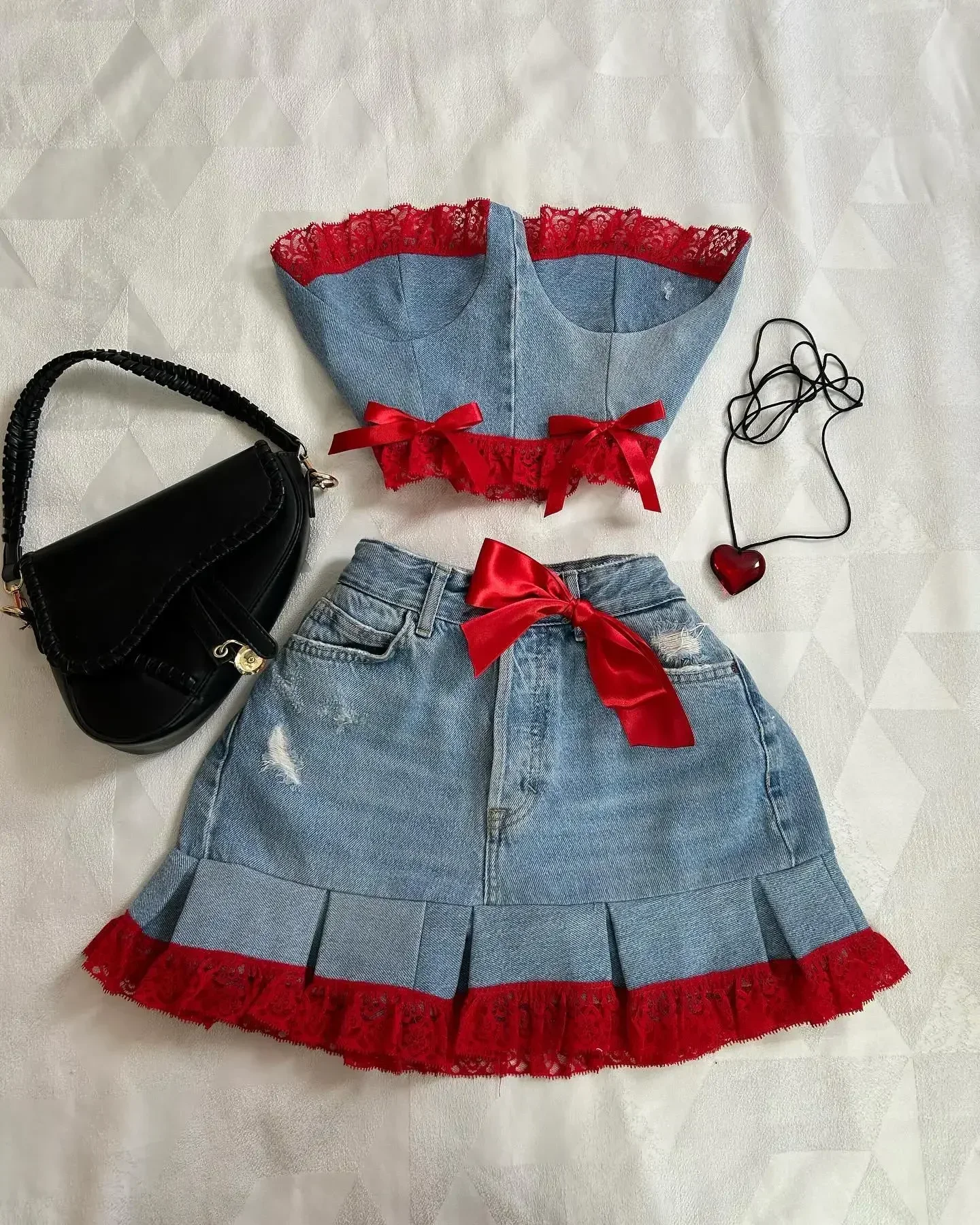 Two Piece Sets Womens Outifits Y2K Pu Leather Spliced Denim Black Skirt Sets New Harajuku Gothic Sexy Zipper Jacket Mini Skirt