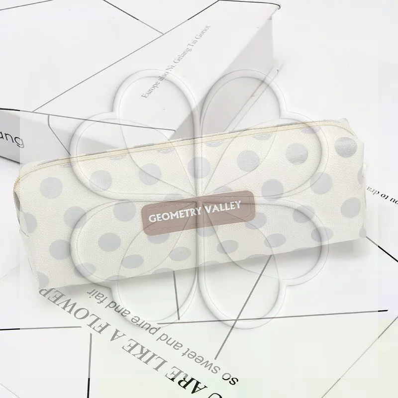 Student Zipper Pencil Bag Durable Canvas Black Gray Checkered Dots Stationery Pouch for Daily School Use