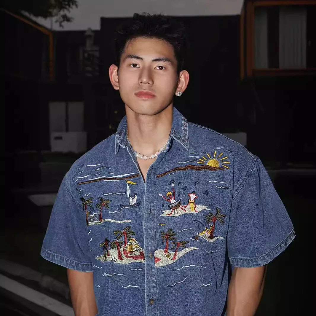 

Мужская джинсовая рубашка с пляжной вышивкой, винтажные мужские джинсовые рубашки прибрежные, уличные летние мужские топы