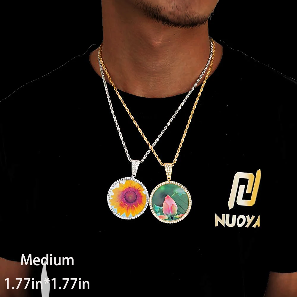 Hip Hop Jewelry Bling CZ Memorial Picture Frames Necklace Personalization Photo Custom 26/35/45/68.5MM Circle Medallions Pendant