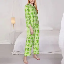 Pajamas Women Cute Frog Leisure Sleepwear Green Animal Print 2 Pieces Casual Pajama Set Long Sleeves Warm Oversize Home Suit