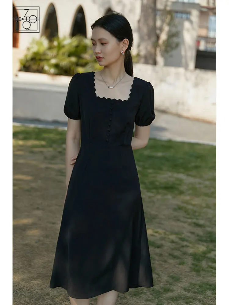 

ZIQIAO Japanese Square Neck Chiffon Dress Single Breasted Design A-LINE Skirts Office Lady Solid 2022 Summer Mid-Calf Dress