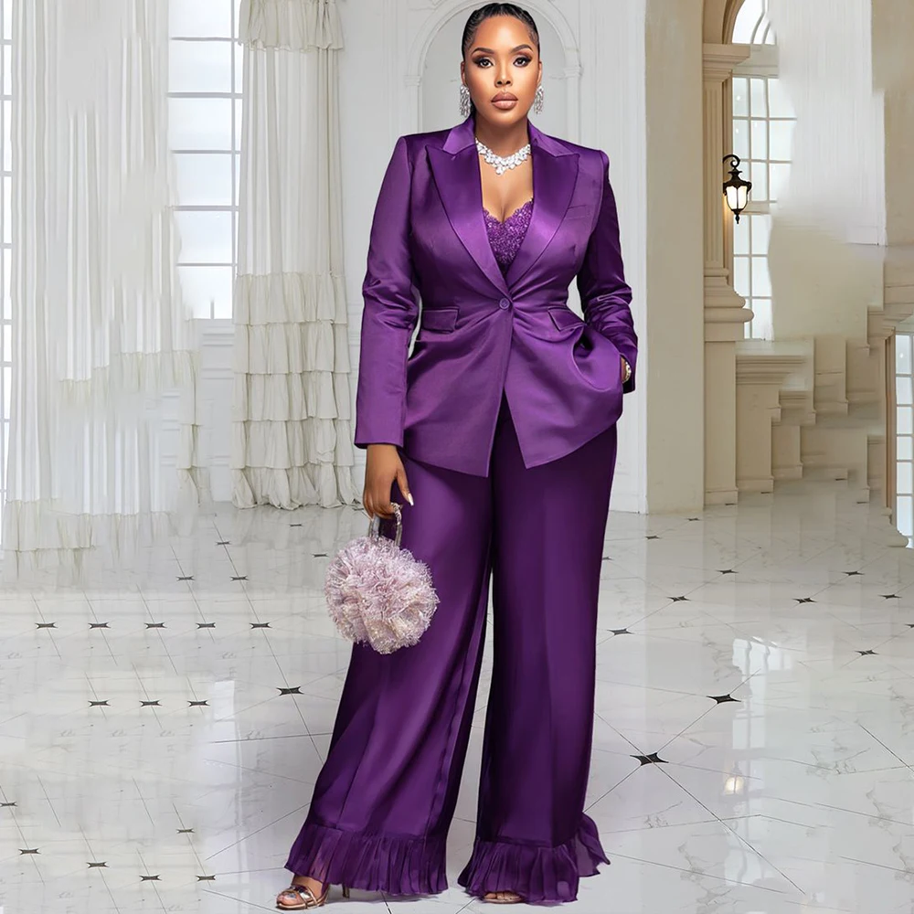 

One-Button Women's Suits Purple Slim Fit Peak Lapel Plus Size 2 Piece Jacket Pants Female Clothing High Quality Outfits Costume