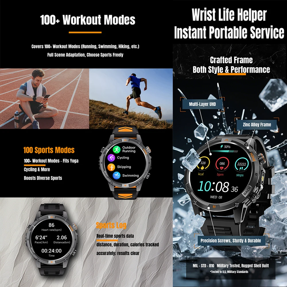 2025 Outdoor Sports Männer Smart Watch 100 + Sport Modi GPS Aktivität Tracking Hohe Intensität Taschenlampe Bluetooth Anruf SmartWatch