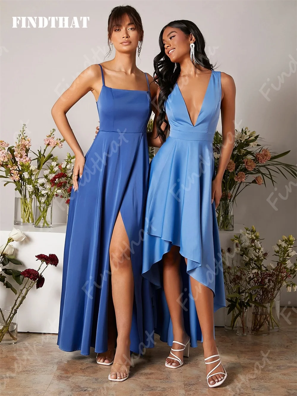 Findthat Blue Sleeveless Plunging Neck Asymmetrical Hem Satin Bridesmaid Dress Elegant Simple Ankle-Length Cocktail Party Gown