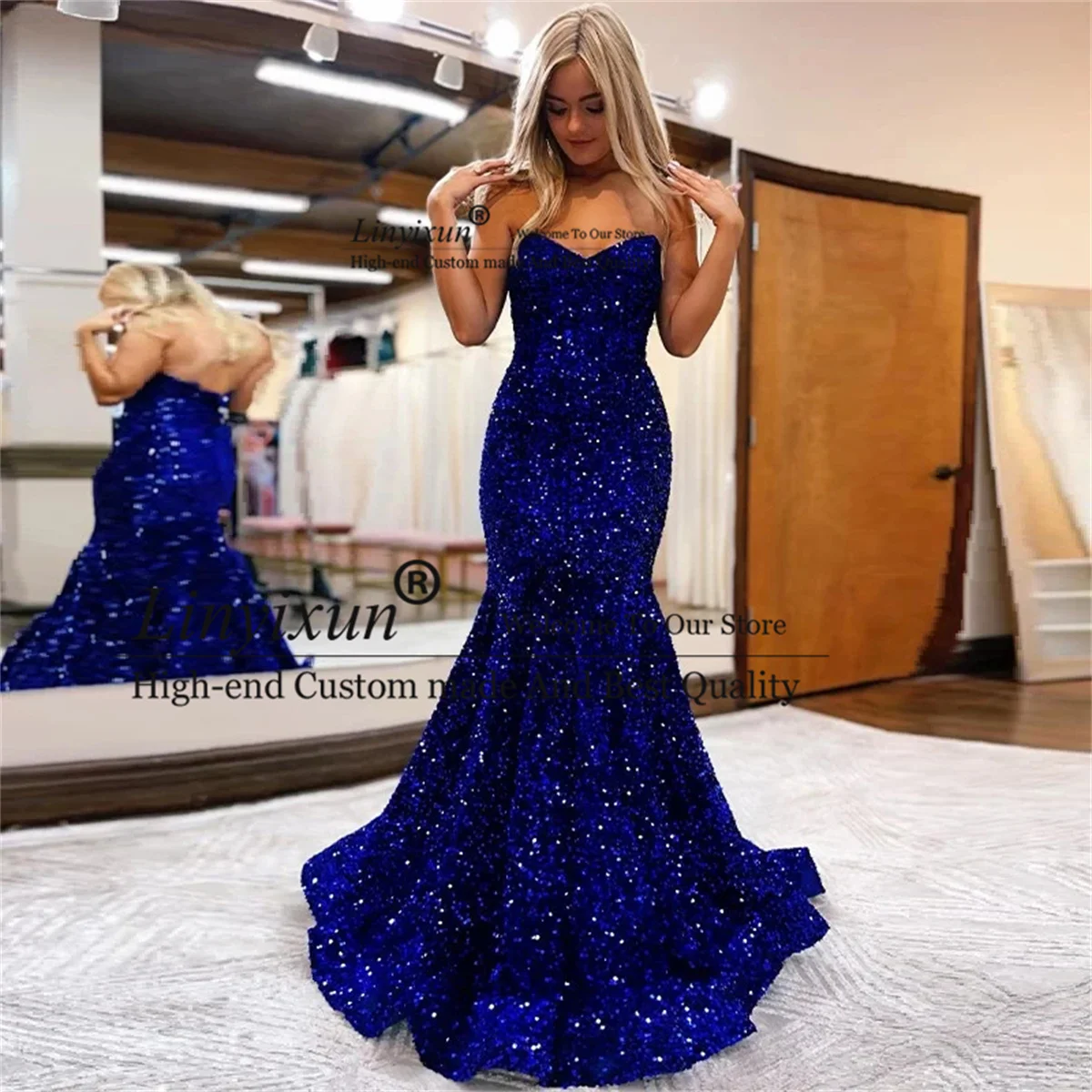 

Sparkly Royal Blue Sequins Mermaid Prom Dresses Sleeveless Sweethet Long Formal Evening Party Gowns Court Train Robe De Soiree