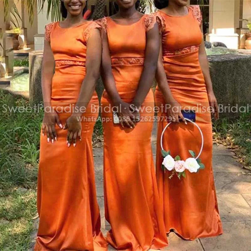 Orange Long Mermaid Bridesmaid Dresses With Capped Sleeves Customized Jewel Plus Size Women Sheath Party Dress Wedding Guest