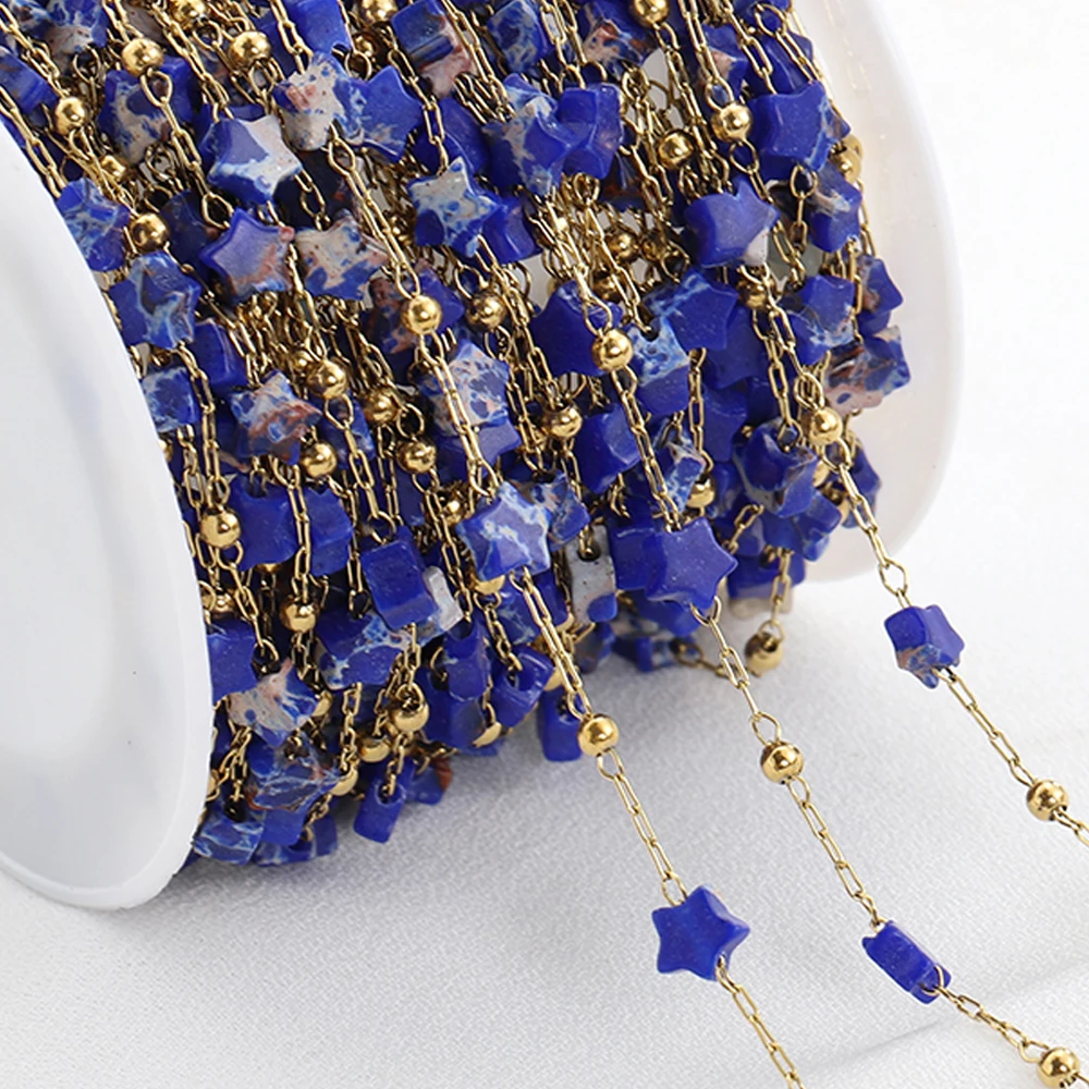 

1Meter Stainless Steel Blue Star Beaded Chain Lapis Lazuli Stars Natural Stone Satellite Chains for Jewelry Making Necklace DIY