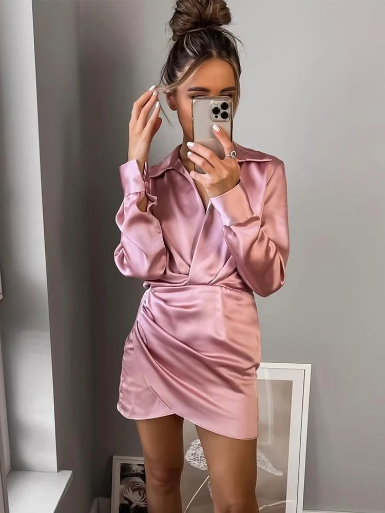 

ZACK RAIN Women Fashion Pink With Gathered Satin Mini Dress Vintage V Neck Long Sleeve Female Dresses Loose Fold Solid Dress