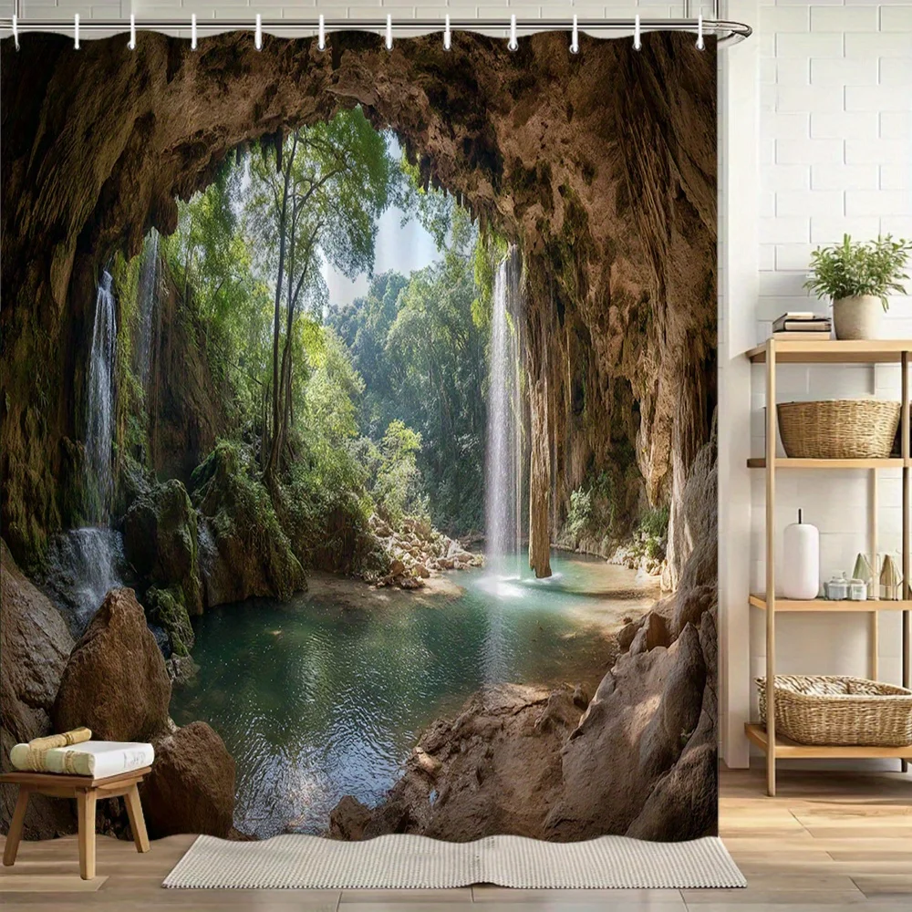 

1pc Waterfall Shower Curtain - Tropical Oasis Bathroom Decor with Cascading Waterfalls, Turquoise Pool, Extra Long 70.8x70.8 Inc