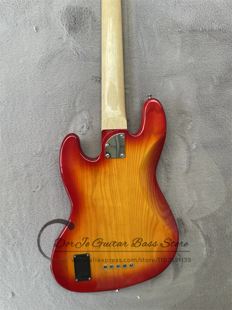 5 Strings Cherry Sunburst Bass Guitar ASH Wood Body Maple Neck Tail Adjustment Yellow Pearl Pickguard Active Battery