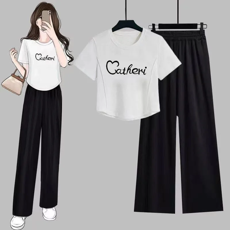 

Women's 2024 Summer New Suit Girl Slimming Korean Style Of Irregular T-shirt Short Crop Tops And Wide Leg Pants 2 Two Piece Sets