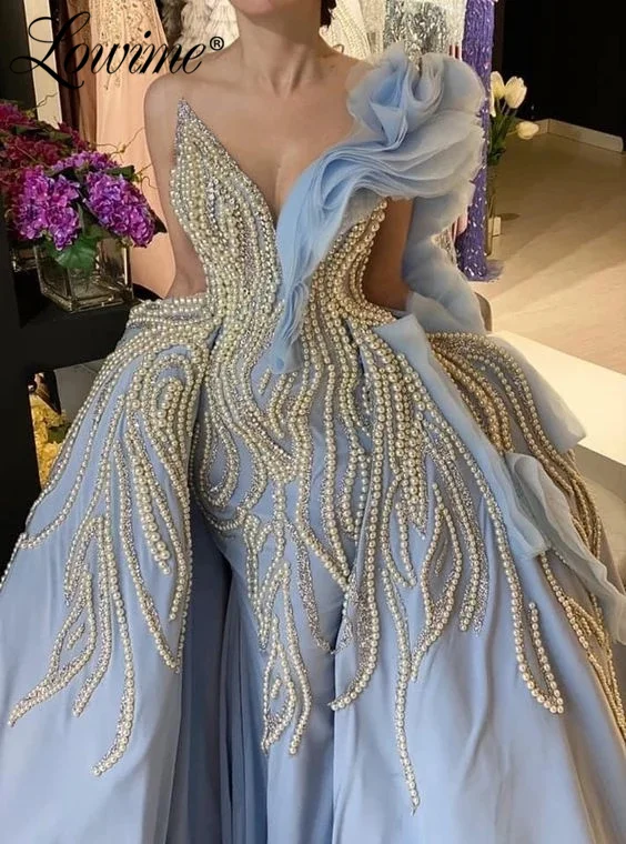 Lowime Luxury Blue Long Mermaid Evening Dresses Pearls Customized Celebrity Dresses 2022 Middle East One Shoulder Party Gowns