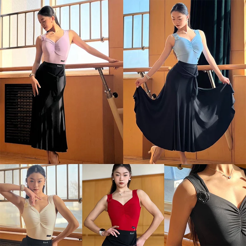 

Ballroom Dance Clothes Women Sleeveless Flower Tops Black Ballroom Skirt Adult Latin Performance Costume Waltz Dresses DNV17958