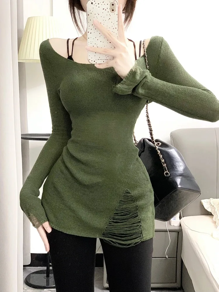 Y2k Vintage Green Sweater Women Kpop Gyaru Knitted Jumper Korean Fashion Slim Sexy Knitwear Distressed Grunge Pullover