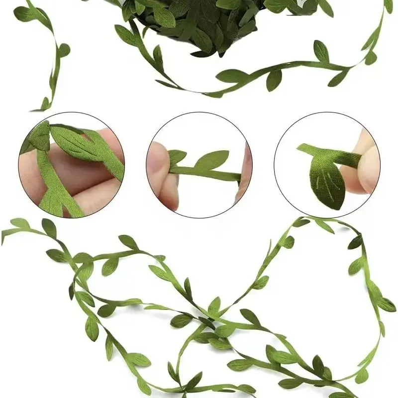 Folhas verdes artificiais para DIY Craft, Handmake Leaf Trim Ribbon, Wedding Party, Acessórios para decoração, 10m por rolo