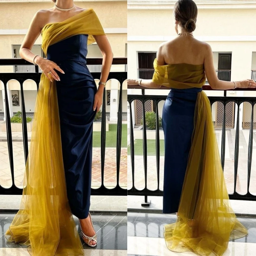 

Evening Sexy Casual Satin Draped Pleat Ruched Cocktail Party Sheath Off-the-shoulder Bespoke Occasion Gown