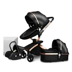 Stroller 3 in 1 Deluxe Folding with Multi-angle Adjustment Bi-directional High Angle Faux Leather 5-point Seat Belt Stroller