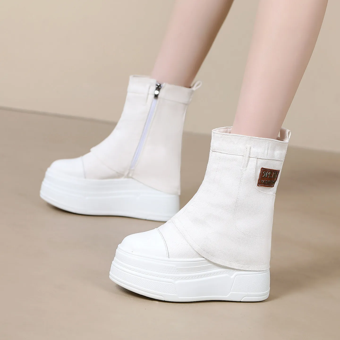 New Fashion Women All Season Canvas Boots Zipper Side Inner Height Increase 11cm Ultra High Heel Pocket Ankle Boots Black White