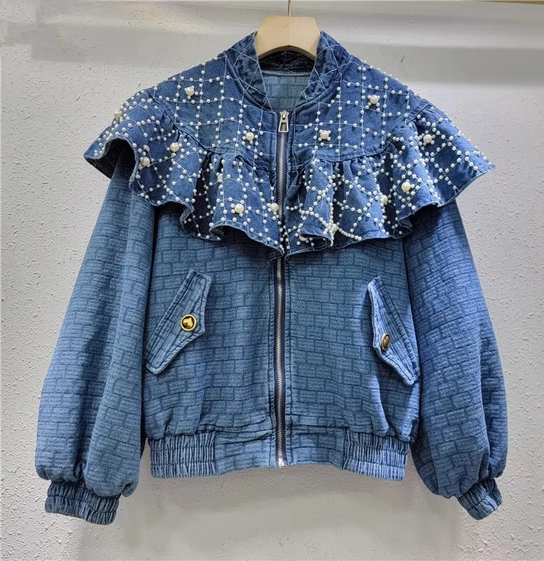 Spring Autumn Heavy Industry Beads Color Matching Ruffles Temperament Denim Jacket Fashion Loose Long Sleeve Versatile Blue Top