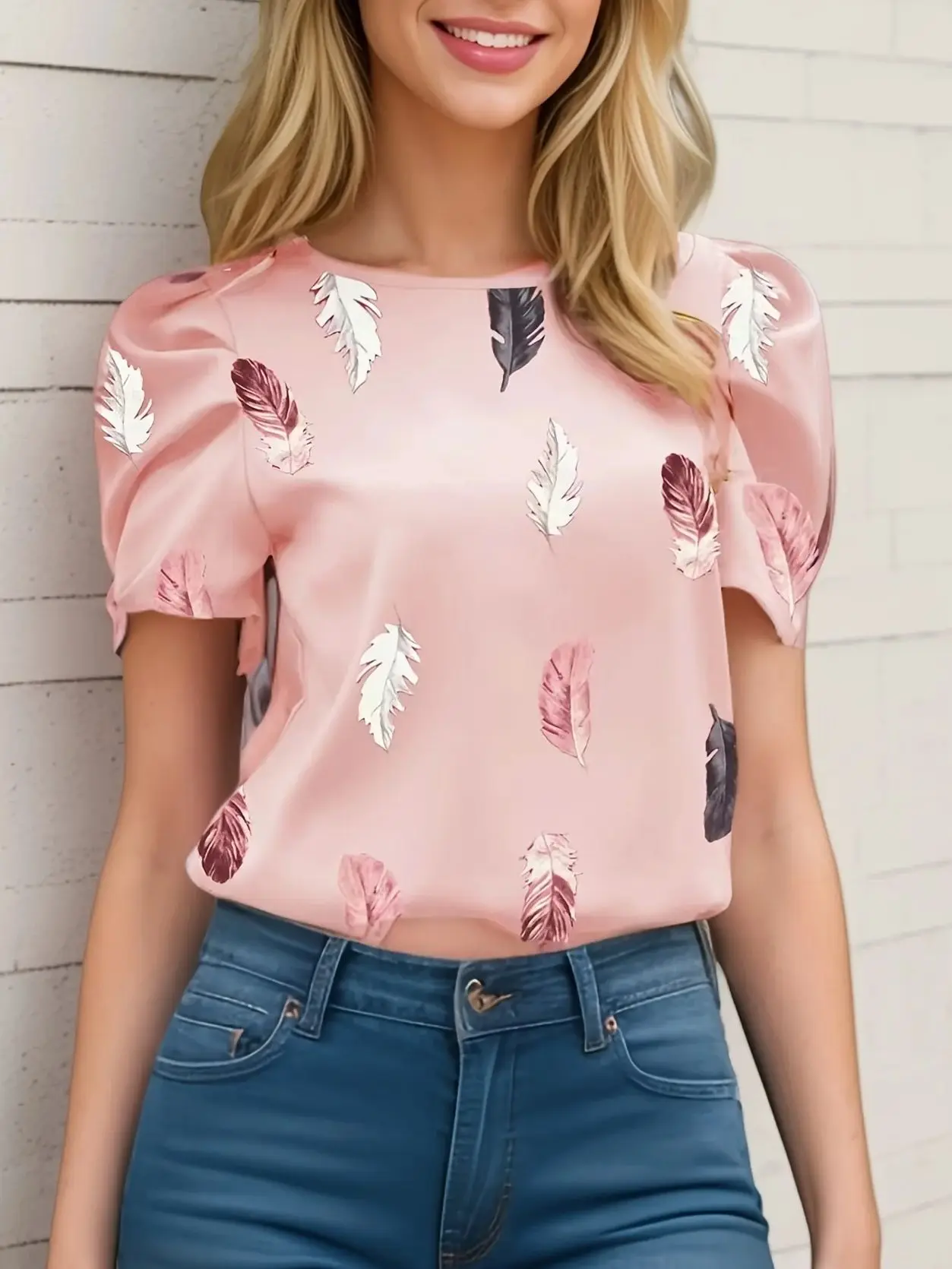 Europe  And The  United  States  Ladies  Fashion  Pink  Casual  Feather Printing  Round-Necked Short-Sleeved  Dress  Blouse