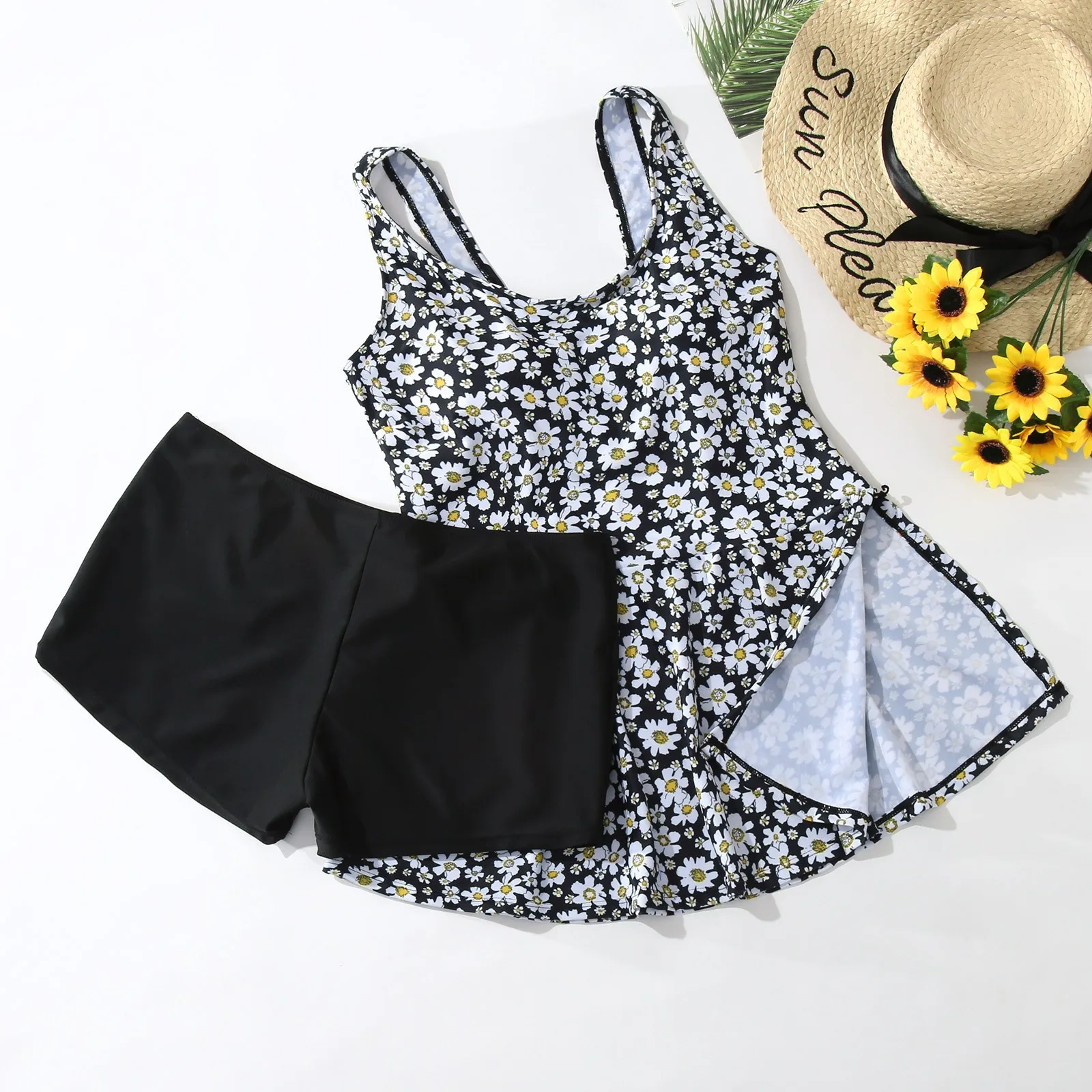 

2024 New Swimsuits Daisy Print Tankini Swimwear Women High Waist Swimsuit Female Two Pieces Bathing Suit Beachwear With Shorts