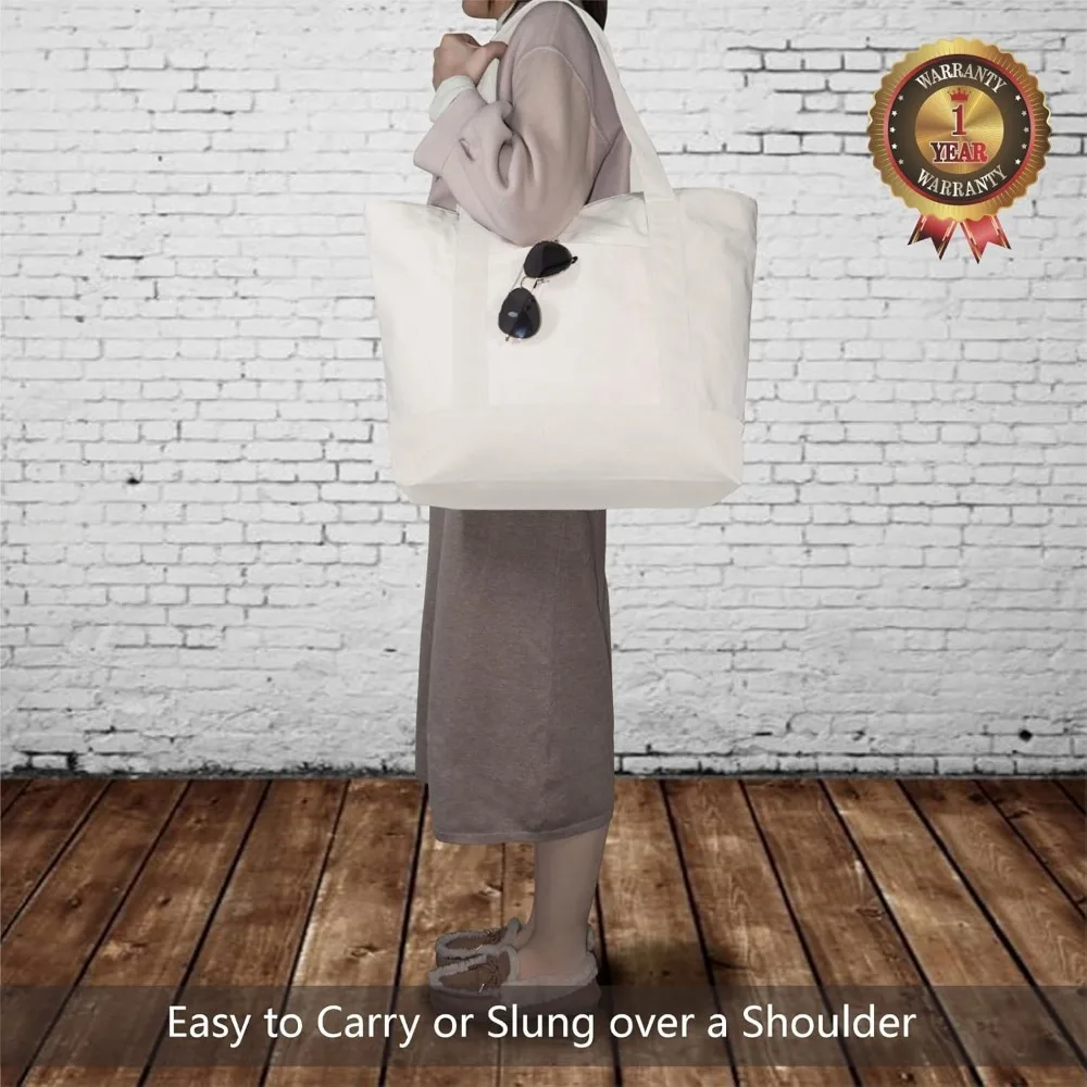 再利用可能な食料品用トートバッグ - 外側ポケット付きキャンバスショッピングバッグ6個パック、上部ジッパー開閉、毎日の必需品に最適