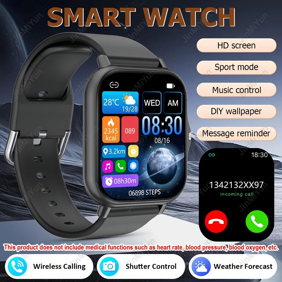 Smartwatch, Premium, with Multi-Sport Modes, Incoming Call Reminders, Message Notifications, Music Control, Suitable for Family