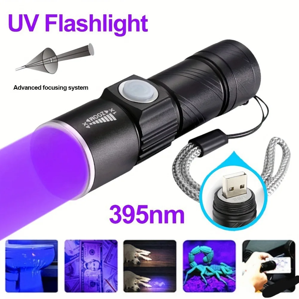 

Ultraviolet rechargeable USB flashlight 395nm black light ultraviolet LED portable mini flashlight dog urine stain detector