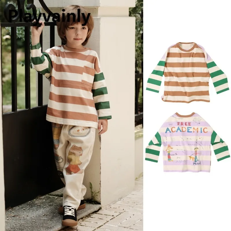 

Children Casual Versatile T-shirt with Stripe Long Sleeve Spring Autumn Boys Color Blocking Loose Sweatshirts Kids Clothes W4664