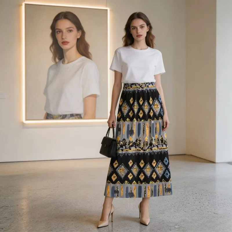 

Miyake Pleated Straight Skirt for Women 2026 Summer New Pleated Printed A-line Skirt Casual High-end Fashion Bodycon Skirt Pleat