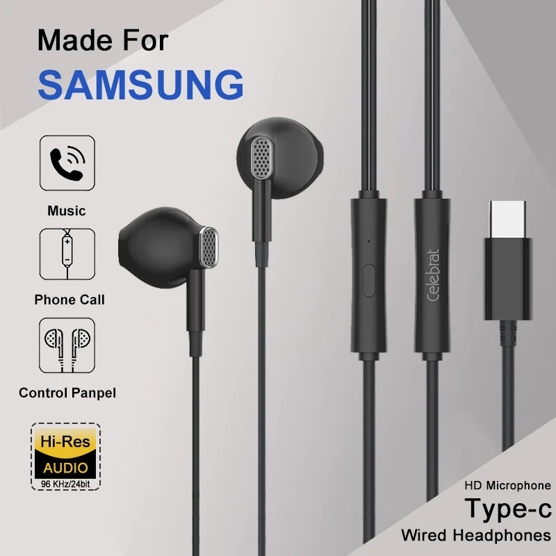 Type C HiFi Wired Earphone Sport Gaming Headphone Bass Stereo Headset Music Earbuds In Ear With Mic Noise Cancelling For Samsung