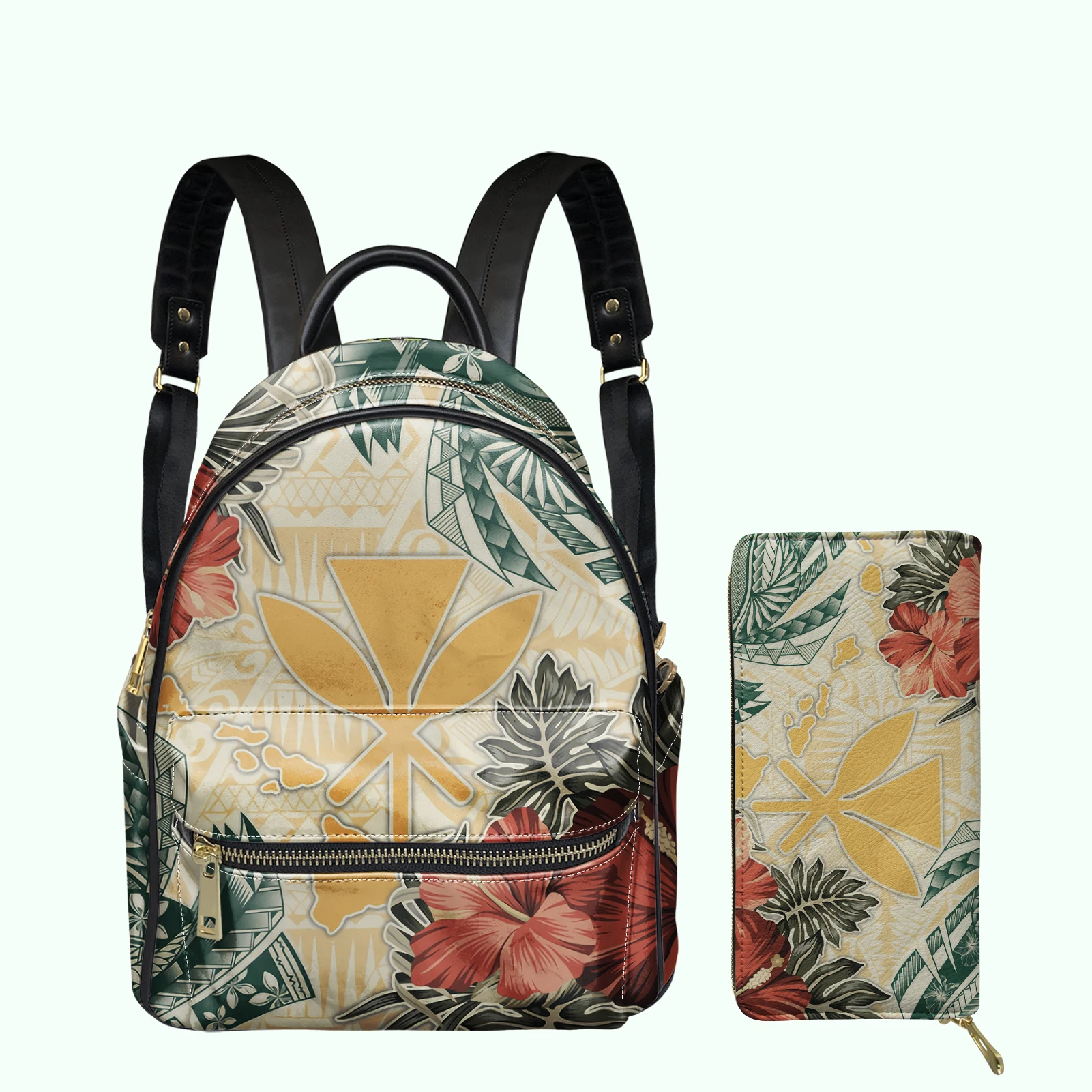 

Hawaiian Polynesian Plumeria Print Casual Shoulders Bag Card Holder Wallet Elegant Women Zipper Pu Leather Backpack Coin Purse