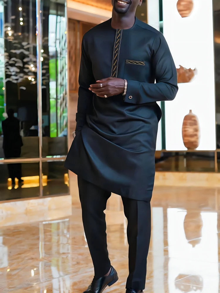 African Men Outfits Embroidery Pocket Splice Long Sleeve Round Collar Top Pants Two Piece Set Africa Gentleman Business Suit