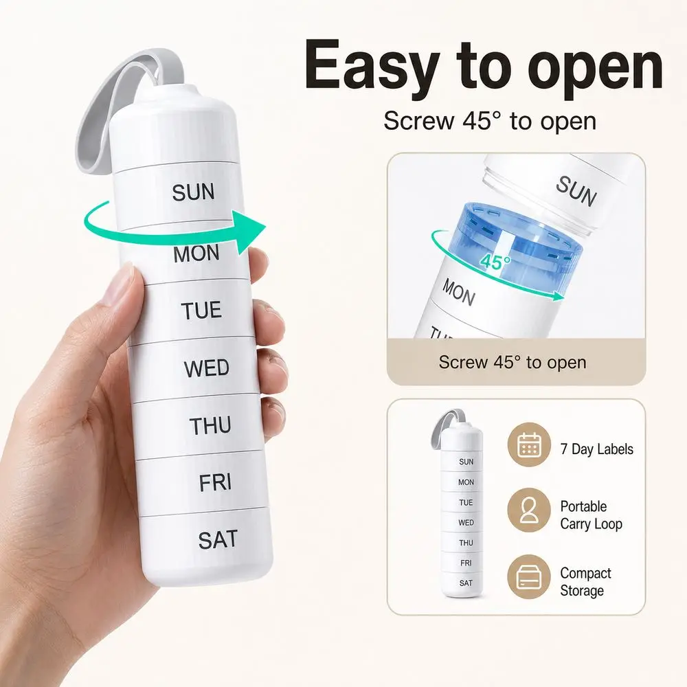 Portable Stackable Weekly Pill Organizer ABS Day Labels Stackable Pill Case Carry Loop Medicine Storage Container On The Go Use