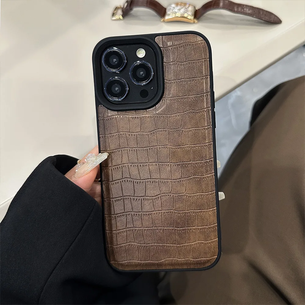 Crocodile Pattern Luxury Black Frame Phone Case for iPhone15 14 13 12 Pro Max Plus Leather Case Cover New Products