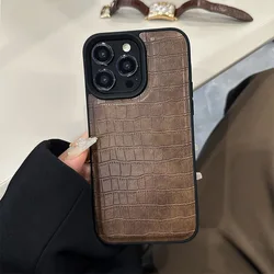 Crocodile Pattern Luxury Black Frame Phone Cases for iPhone 16 15 14 13 12 Pro Max Plus Leather Phone Case Cover
