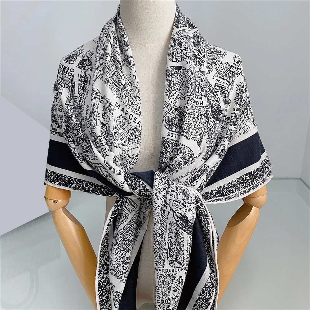 130CM Silk Cashmere Scarf Women Hand Rolled City Street Print Square Scarves Wraps Bandana Big Hijabs Female Foulard Beach Towel