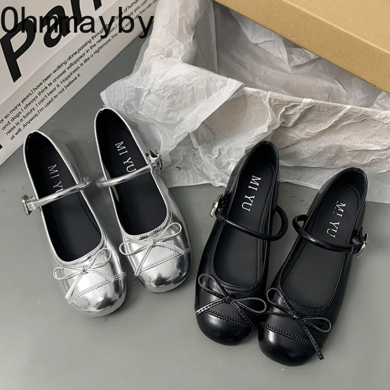 Zapatos planos con nudo de mariposa para mujer, zapatos Mary Jane con punta redonda, zapatos informales de estilo Ballet, zapatos de vestir elegantes de cuero suave