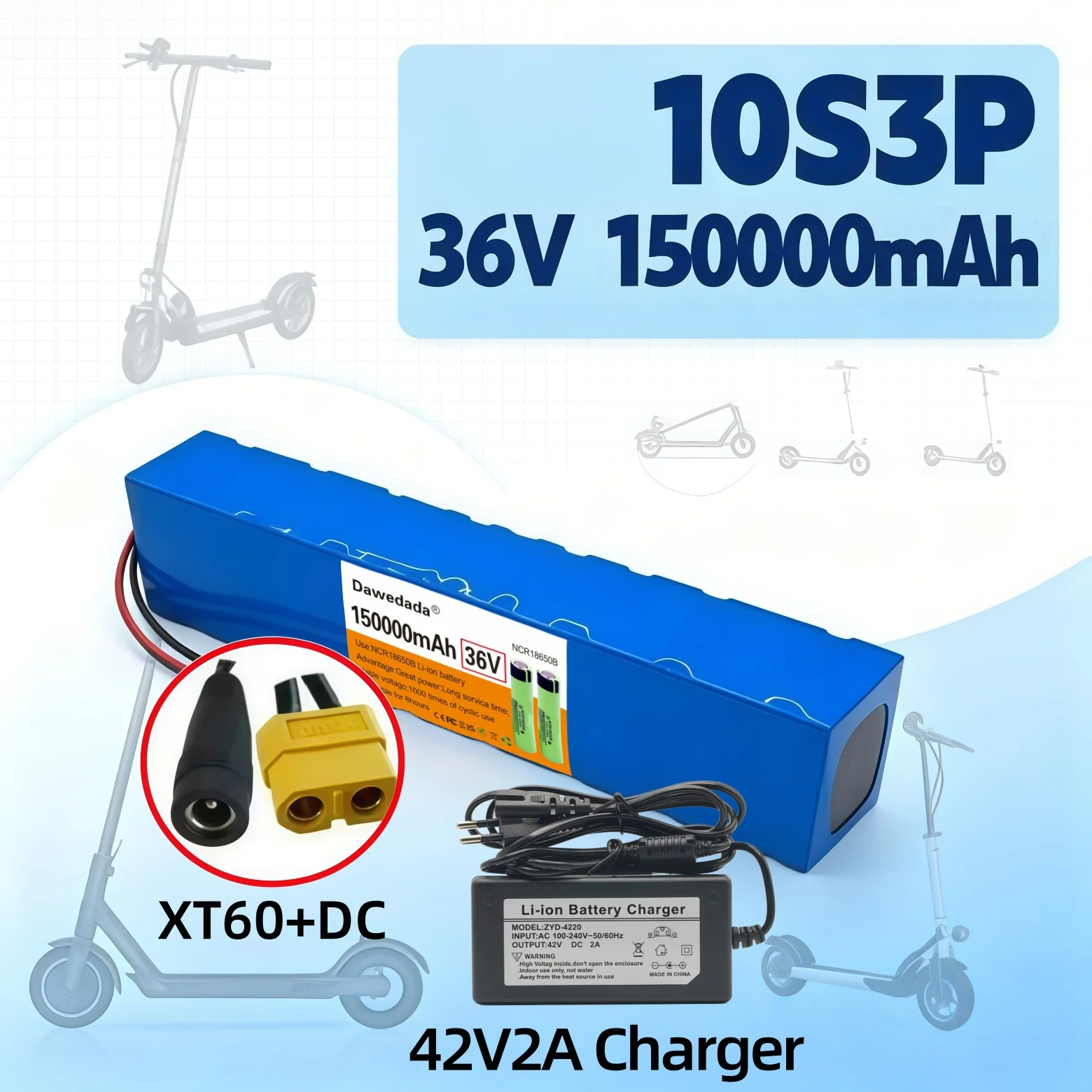 E‑Bike Replacement Lithium‑ion Battery 10S3P 36V 150000mAh, Come with XT60+DC Output Port and 42V2A Charger for Daily Travel