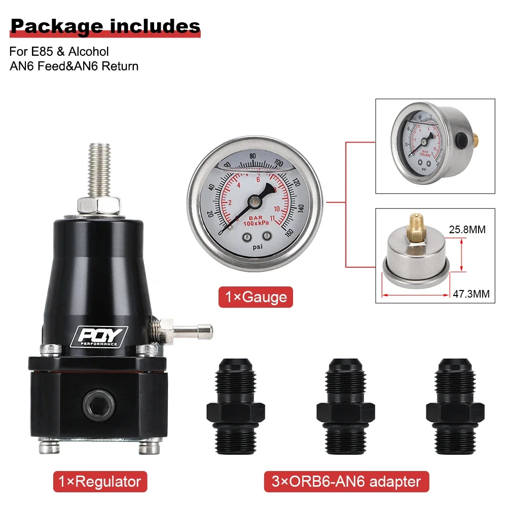 30-70 PSI WLR - Universal Black Fuel Pressure Regulator With White Oil Gauge 3 Pieces AN6 Fittings WLR7845